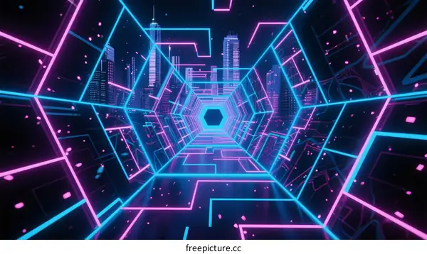 Neon-Lit Futuristic Corridor with Digital Grid Patterns