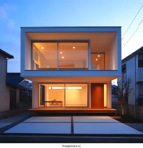 Modern White House with Large Windows and Wooden Deck