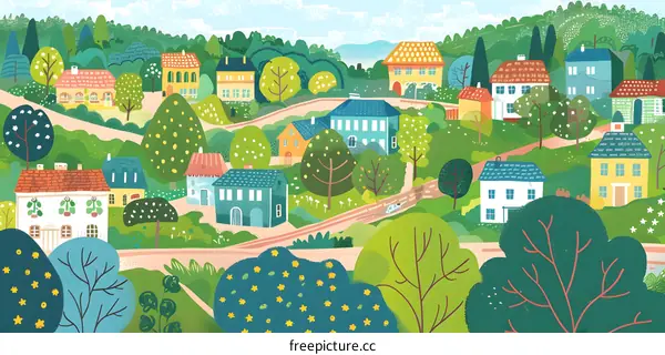 Springtime Village Illustration With Colorful Houses
