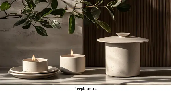 Ceramic Candles with Lid on Table and Green Branch in Background