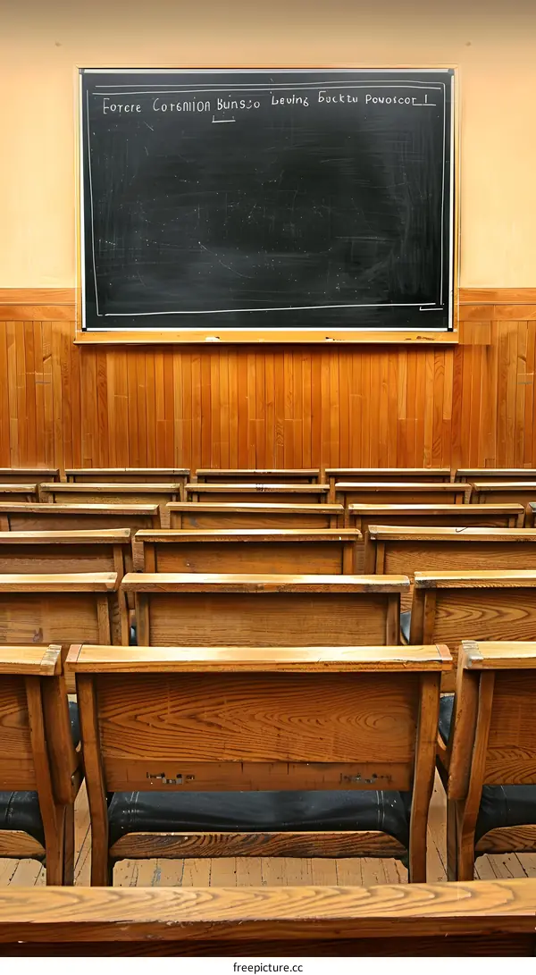Empty Classroom with Wooden Desks and a Blackboard
