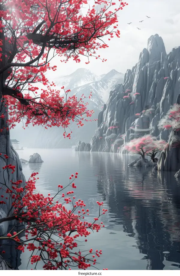 Tranquil Asian Lake with Blossom Trees and Mountain