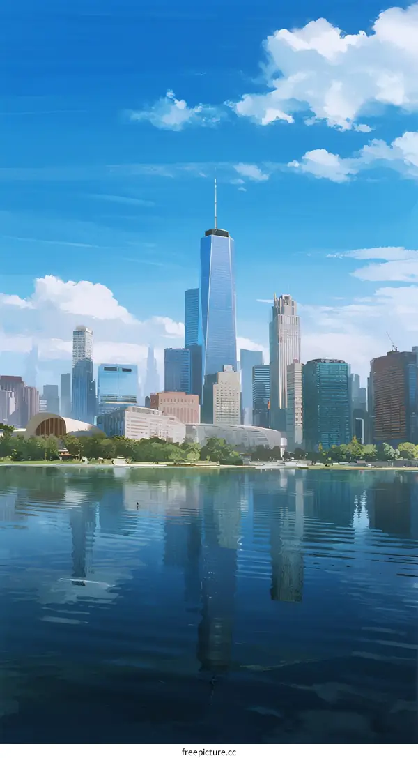 Modern Urban Skyline Reflecting on Calm Water Surface Under Blue Sky