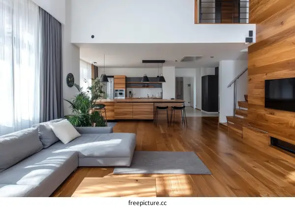 Modern Open-Plan Living Area with Wooden Accents