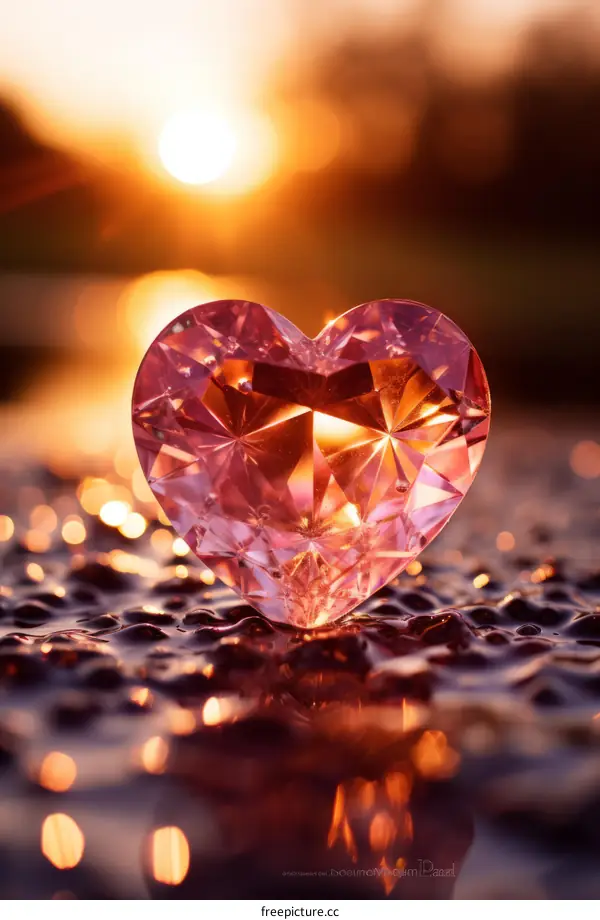 Pink crystal heart shining in the setting sun