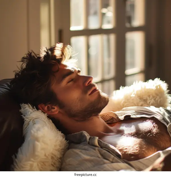 Young man sleeping on couch with white pillow