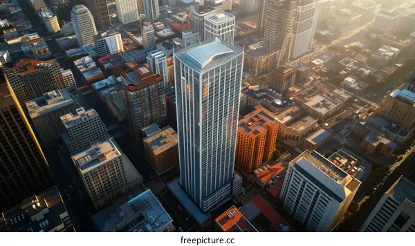 A skyscraper stands tall among other buildings in a city