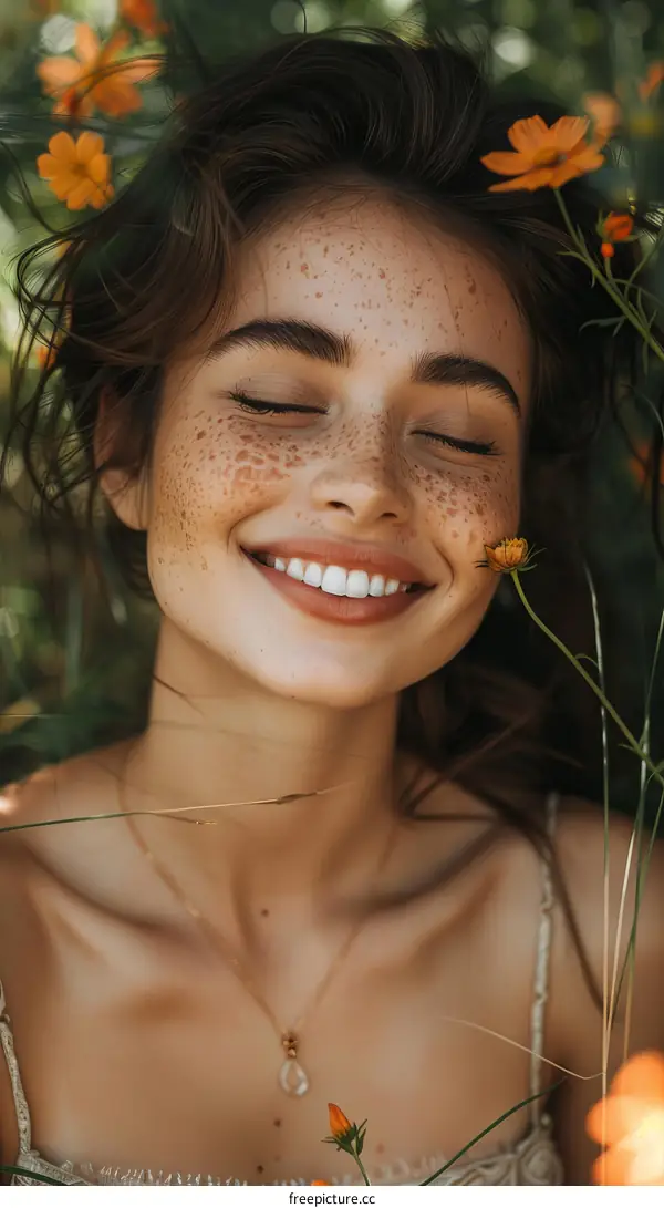 Beautiful Woman with Freckles in a Flower Garden