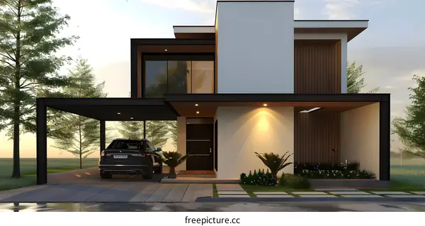 Modern Architecture Home with Carport and Greenery