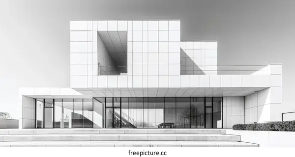 Black and white exterior of a modern house with large windows