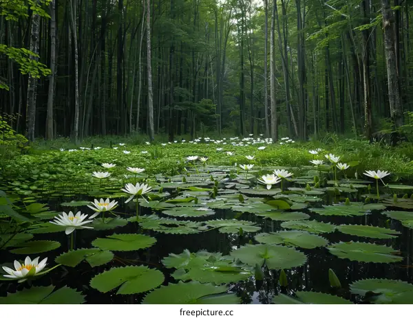 Mystical Forest Pond with Glowing White Water Lilies