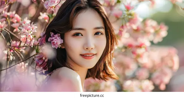 Beautiful Woman With Pink Flowers in Her Hair