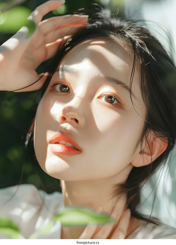 Portrait of a Young Woman with Long Black Hair in the Sunlight