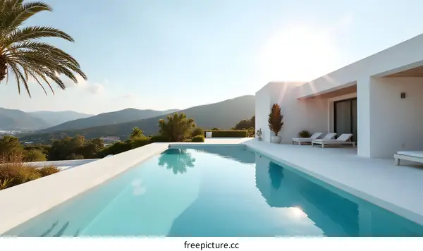Modern Minimalist White House with Swimming Pool and Mountain View