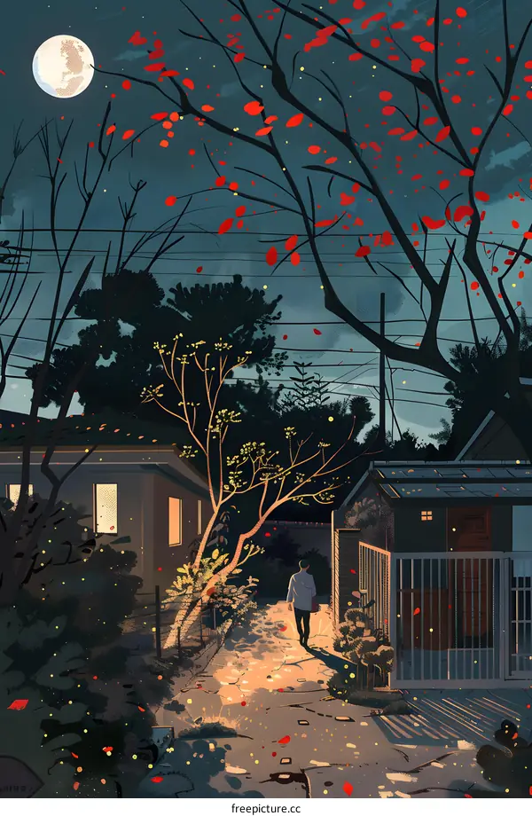 Night Scene with Falling Leaves and Man Walking