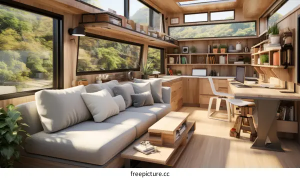 Modern Cozy Living Room with Large Sofa and Desk