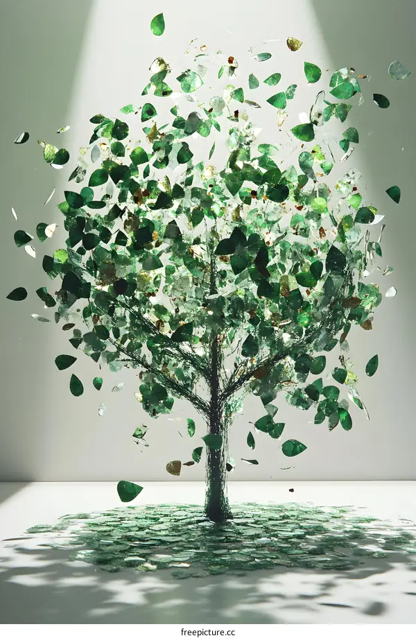 Green Tree with Falling Leaves on White Background