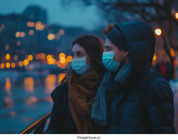 A masked couple gazes at the night view of a city