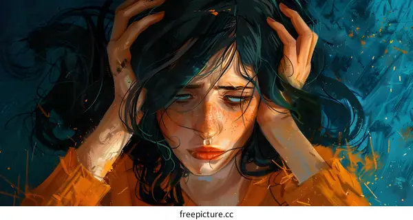 A woman with freckles and dark hair is holding her head in her hands and crying.