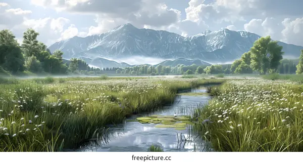 Serene River Flowing Through Grassland