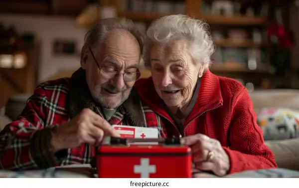 Two elderly people looking at a first aid kit