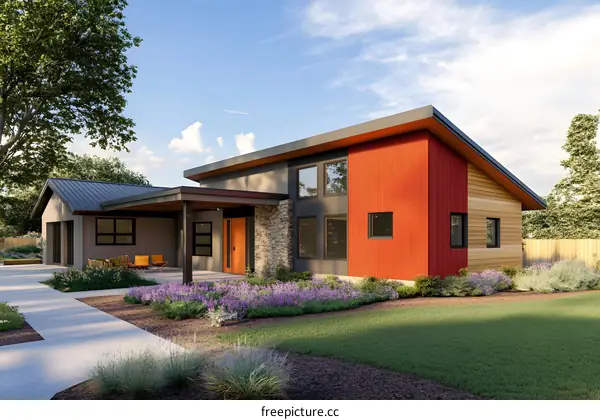 Modern House Design With Red Siding And Stone Accent Wall