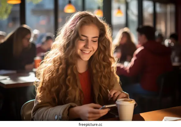 Smiling young woman using her phone in a coffee shop