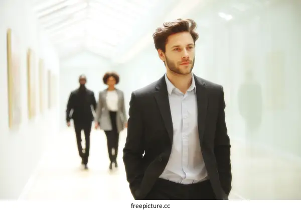 Business People Walking in an Art Gallery Corridor