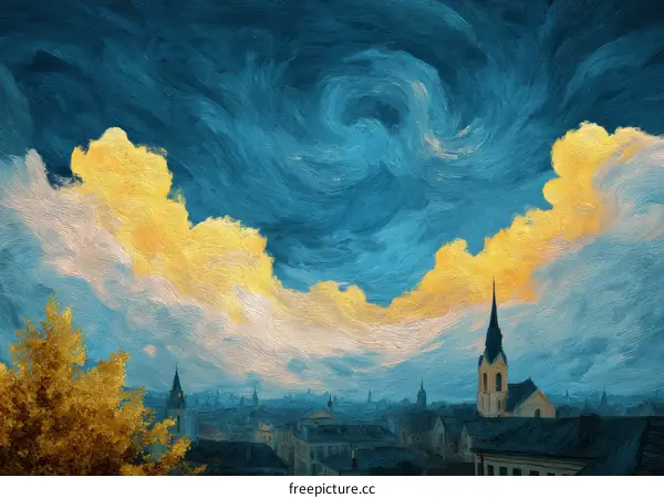 Impressionistic Cityscape with Dramatic Sky