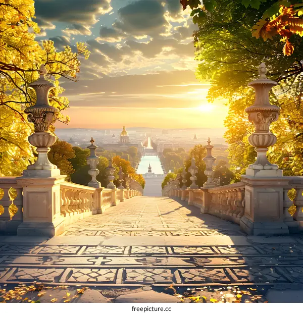 Stone Steps Leading to a Cityscape at Sunset