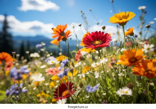 Close-up of a red flower in a field of flowers with mountains in the distance