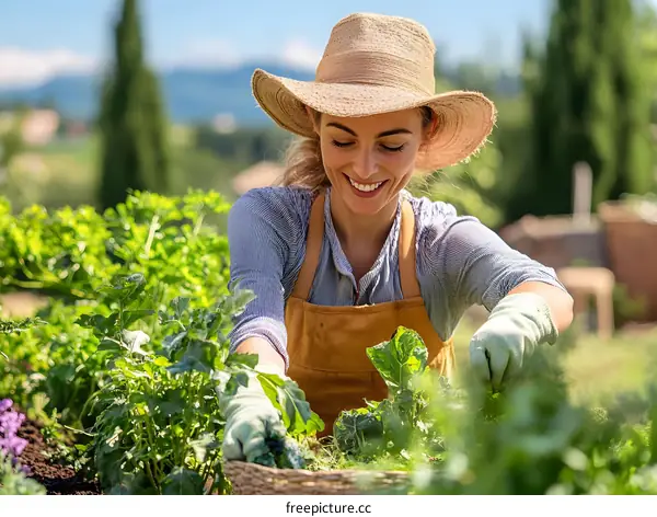 Smiling Woman Gardening in a Vegetable Patch