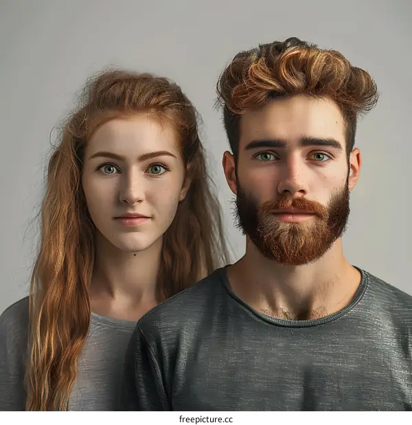 Young Couple with Red Hair and Green Eyes Looking at Camera