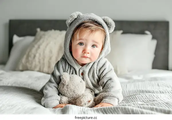 Adorable Baby in Gray Pajamas on a Bed