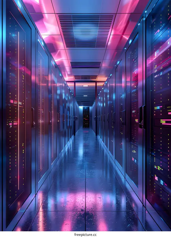Server room with colorful neon lights