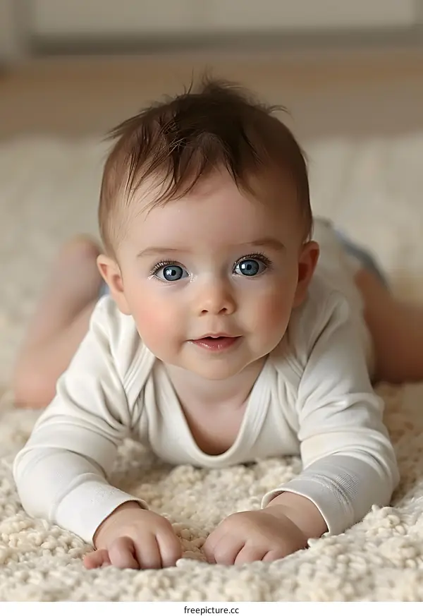 An adorable baby boy with big blue eyes is crawling on a fluffy white carpet
