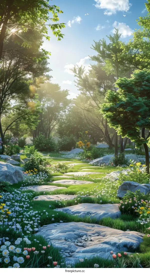 Mystical Fantasy Forest Path with Flowers and Rocks