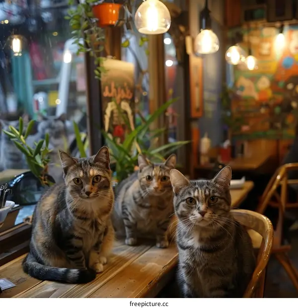 Three tabby cats sitting on a wooden table in a cafe