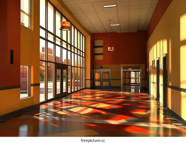 Modern Architecture Hallway With Large Windows And Bright Sunbeams
