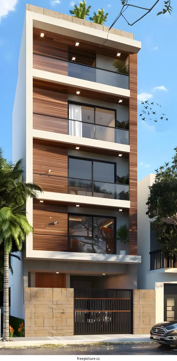 Modern Exterior Design of a Residential Building with a Wooden Facade