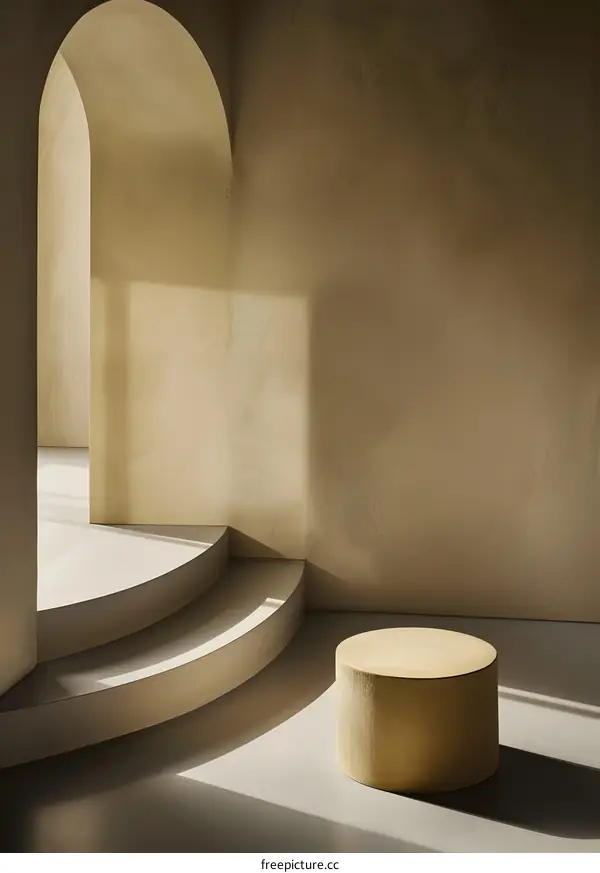 Minimalist Interior Design With Curved Steps and Golden Stool