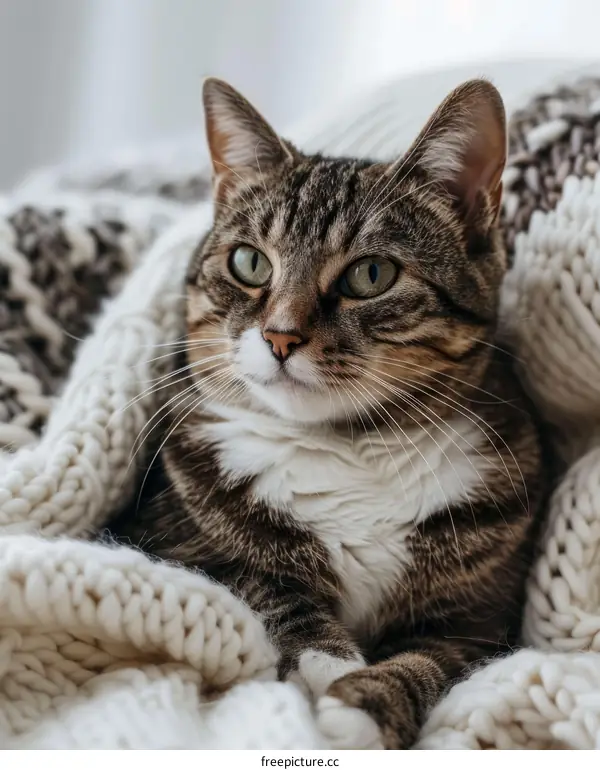 A Tabby Cat Wrapped Snugly in a Blanket