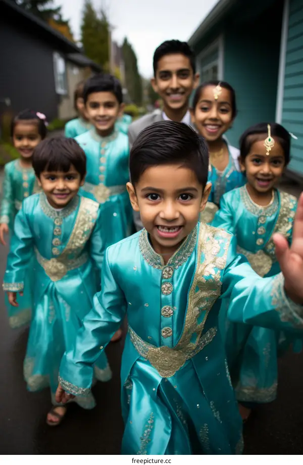 A group of happy Indian children wearing traditional clothing
