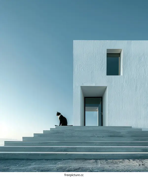 A black and white cat sitting on the stairs in front of a white building