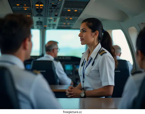 Female Pilot in Cockpit Looking at Her Crew