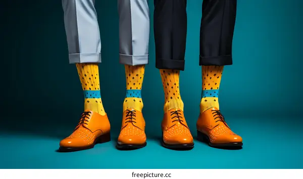 Two men wearing colorful socks and brown shoes