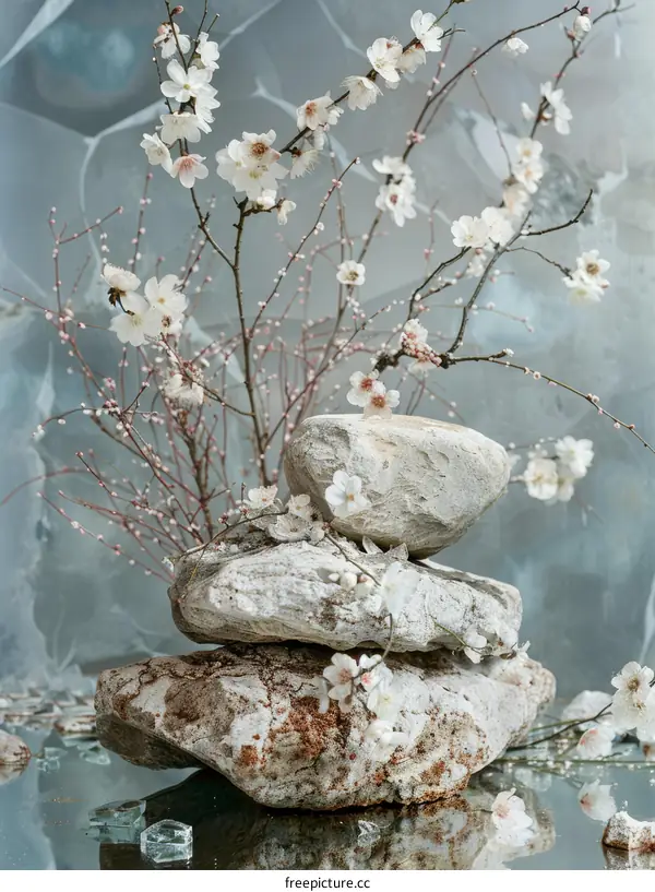 Still Life: Stones and Japanese Apricot Blossoms