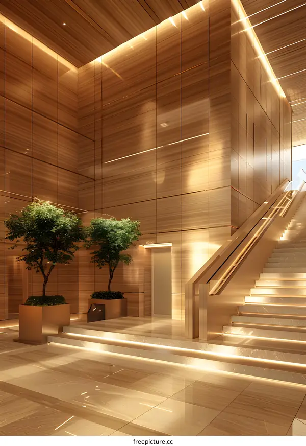 Modern Wooden Interior Design with Stairs and Plants