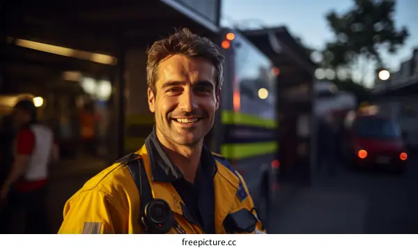 Portrait of a firefighter in protective gear smiling