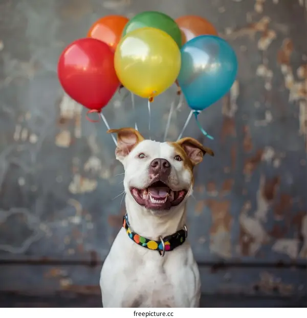A happy dog with colorful balloons